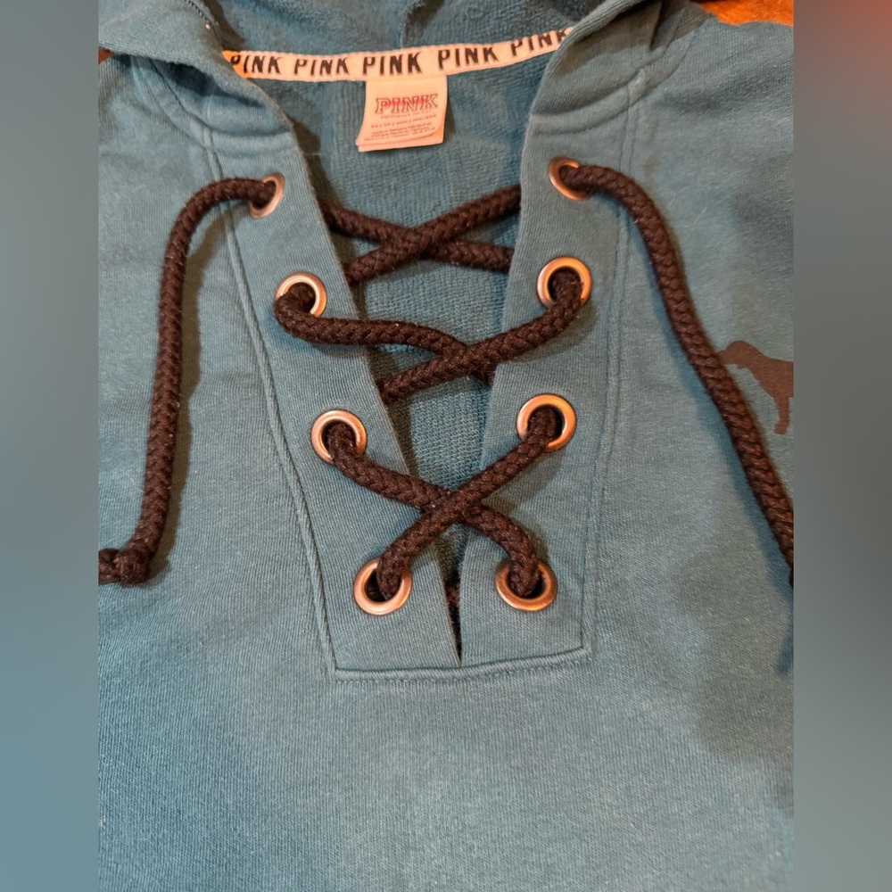 PINK VS Teal Lace Up Hooded Sweatshirt - Picture 5 of 13